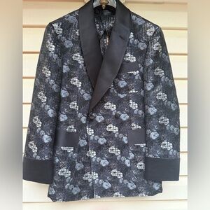 Hartter Manly Custom Made Black/Blue/Gray Jacquard Double Breasted Blazer, L